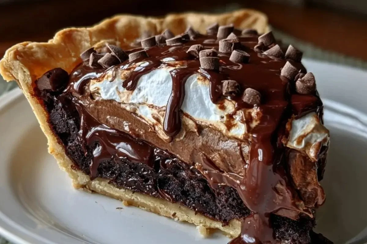 Decadent hot fudge pie topped with chocolate sauce and whipped cream