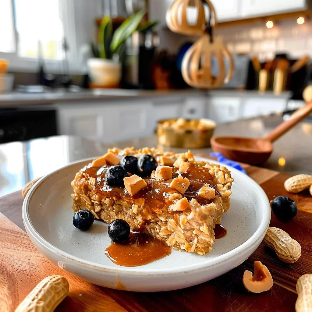 Bowl of decadent peanut butter oatmeal topped with berries and nuts