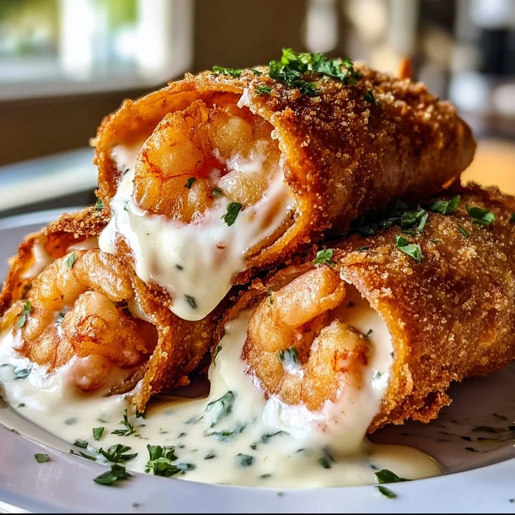 Deep-Fried Shrimp Alfredo Burritos filled with creamy shrimp pasta