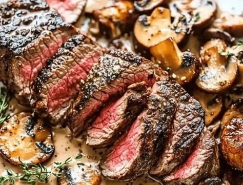 Delicious deer steak served with creamy mushroom sauce on a plate