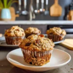 Baked delicious raisin bran muffins on a wooden table