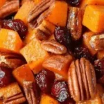 Delicious roasted butternut squash with cranberries and pecans served on a plate