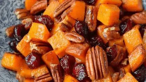 Delicious roasted butternut squash with cranberries and pecans served on a plate