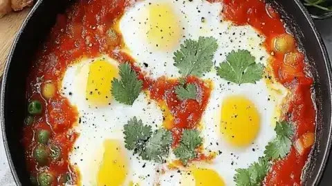 Delicious shakshuka served in a skillet, perfect for a cozy breakfast for two.