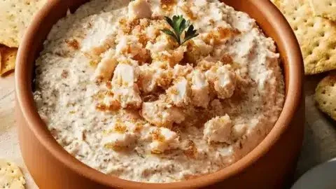 Delicious smoked fish dip served in a bowl with crackers and garnishes.