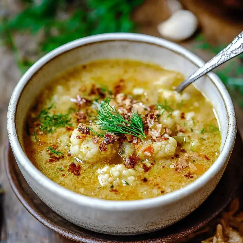 Bowl of deliciously creamy Mediterranean cauliflower soup garnished with herbs