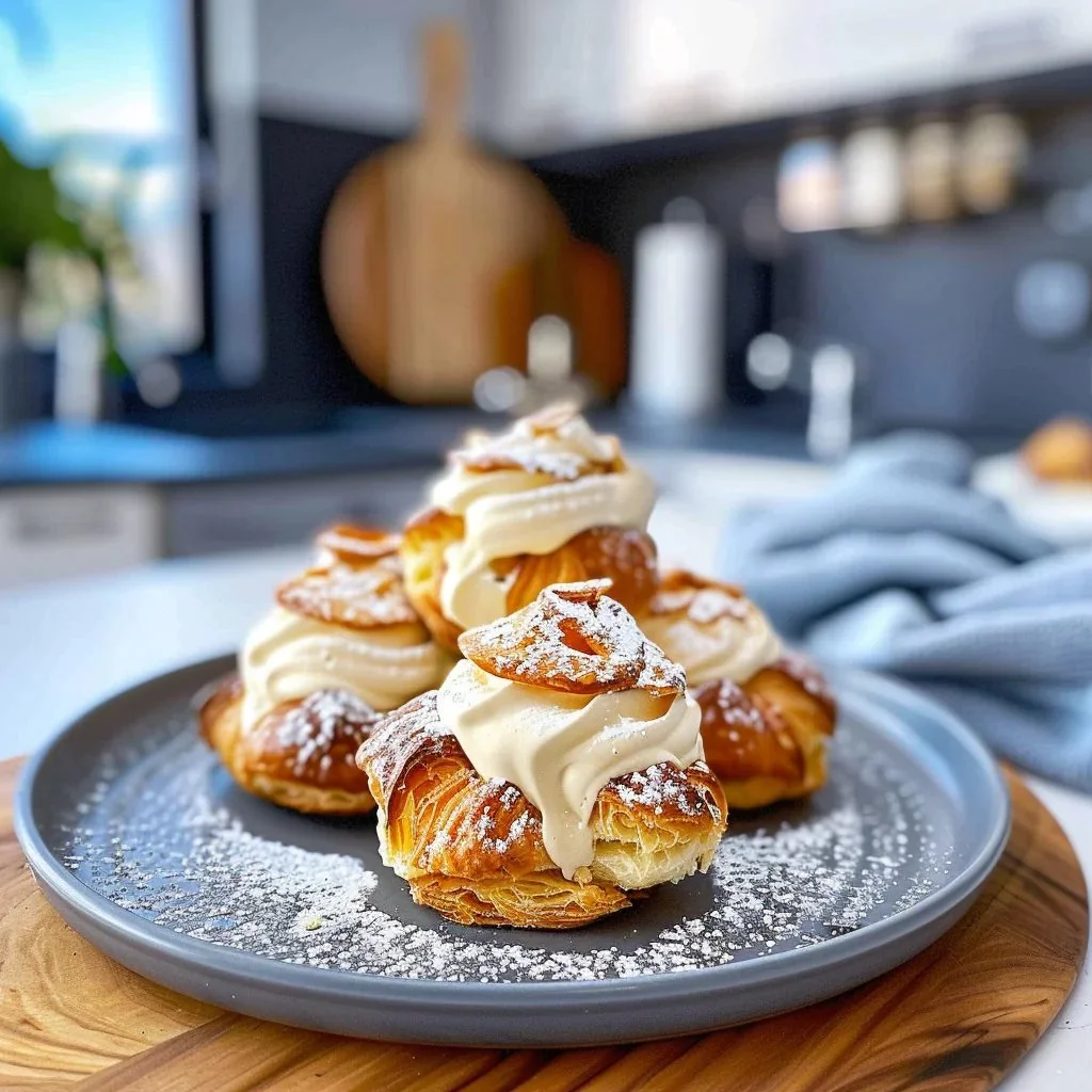 Delicious cream puffs filled with creamy custard and topped with powdered sugar.