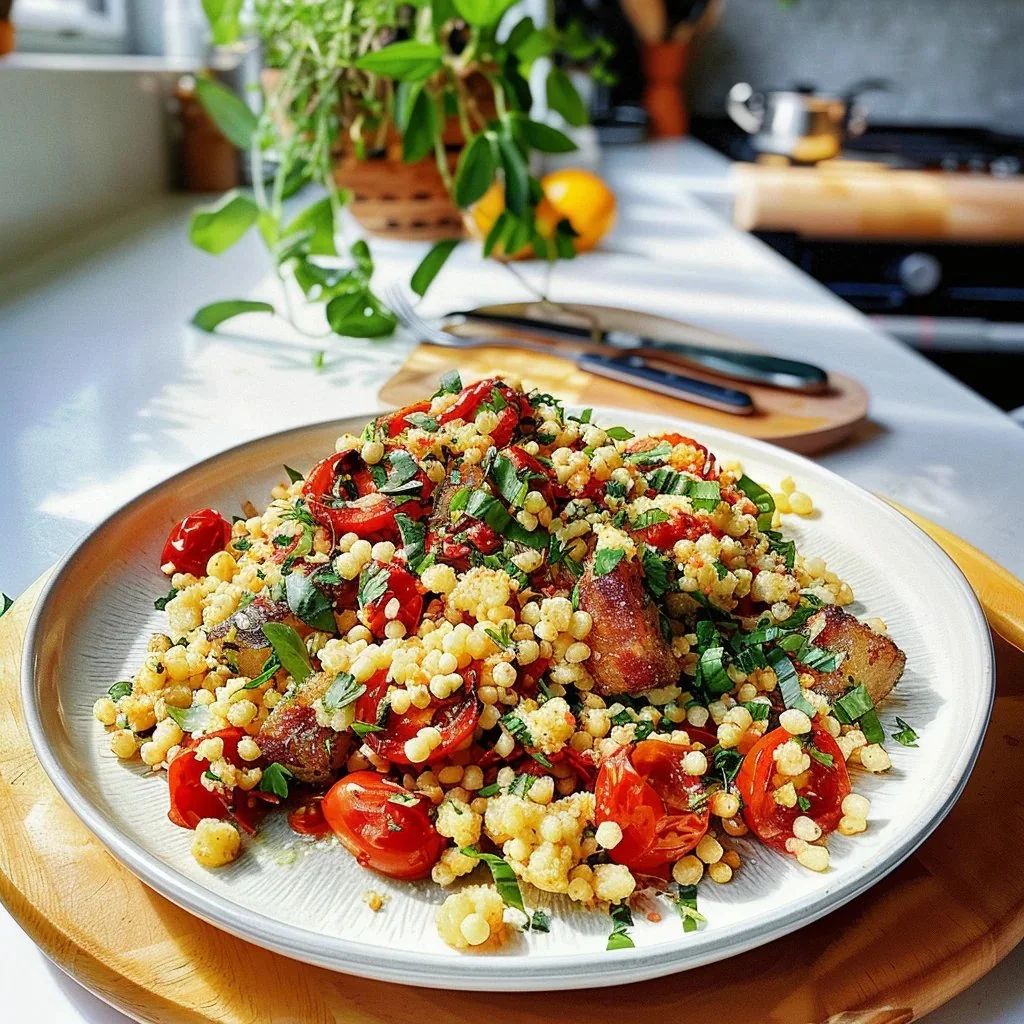 Delightful pearled couscous dish with colorful vegetables and herbs
