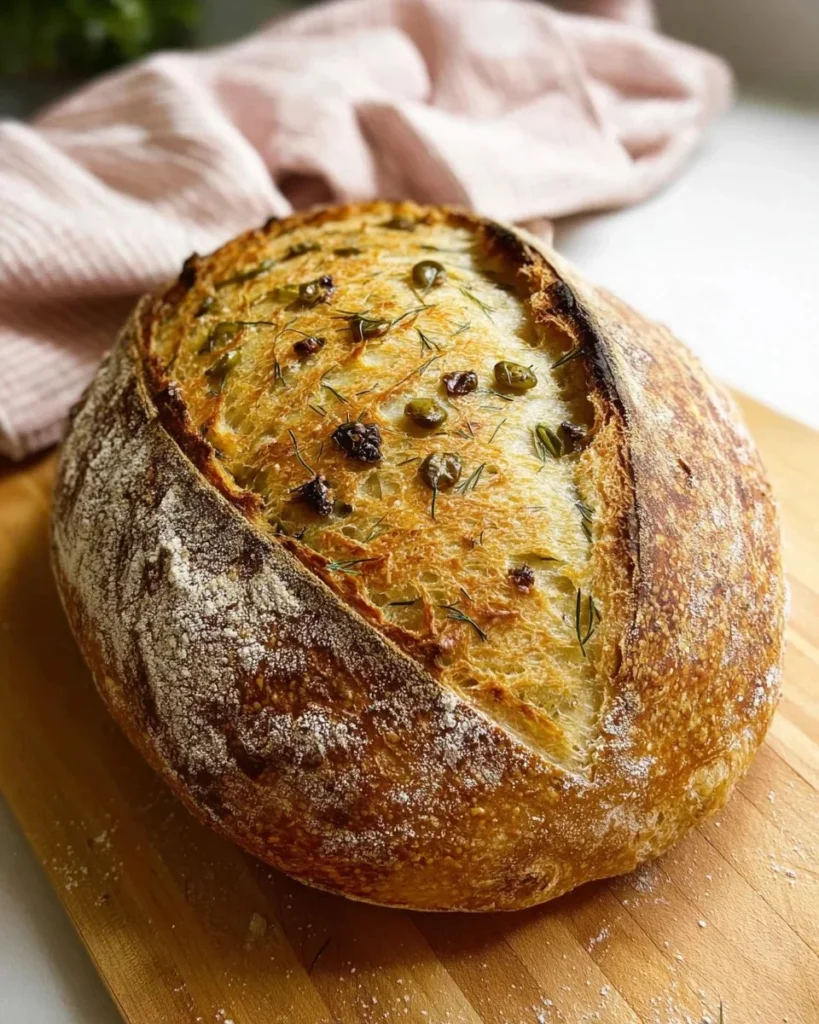 Freshly baked Dill Pickle Sourdough Bread loaf with herbs