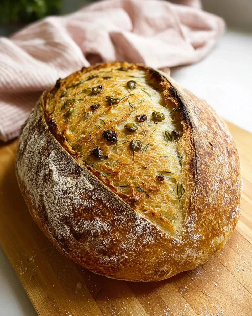 Freshly baked Dill Pickle Sourdough Bread loaf with herbs