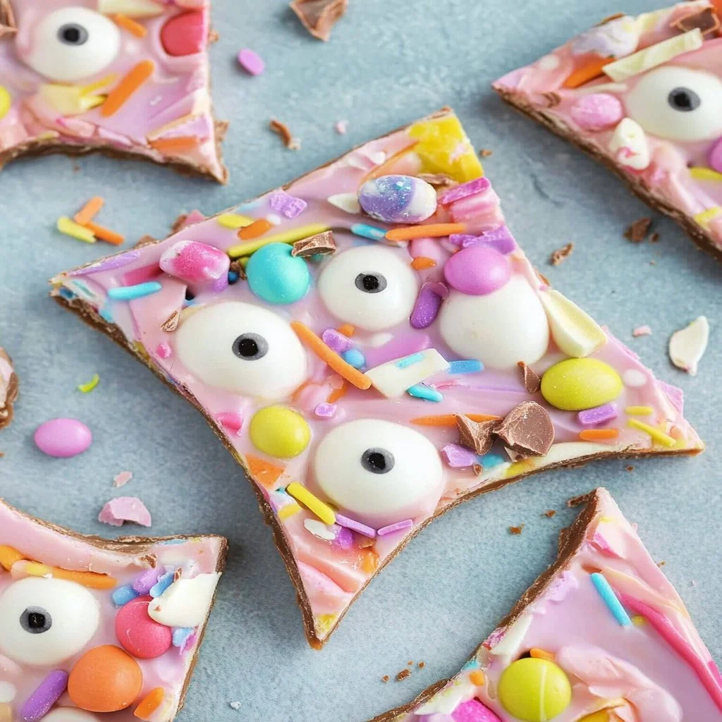 Colorful Easter Chocolate Bark with sprinkles and treats for spring festivities