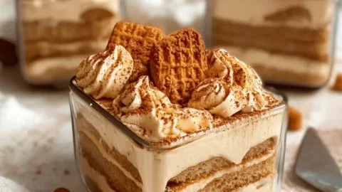 Delicious Biscoff tiramisu dessert layered with creamy filling and cookies