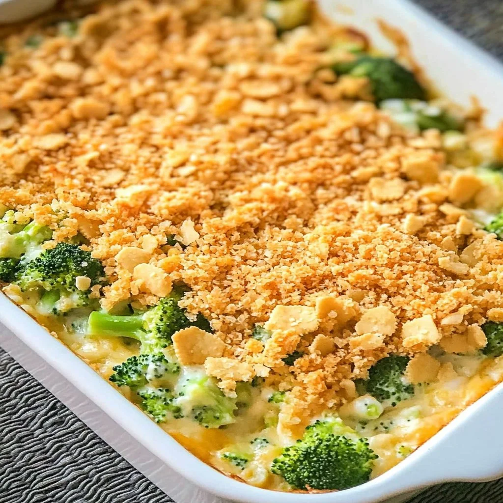 Delicious easy broccoli cheese casserole served in a baking dish