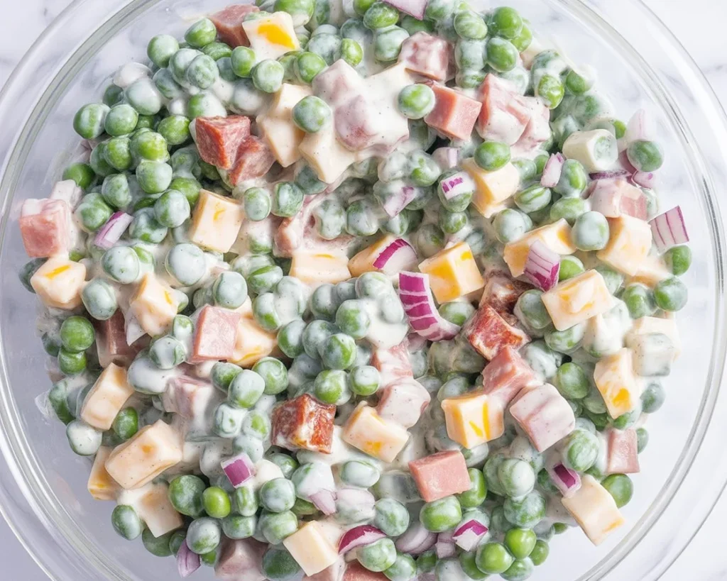 Classic Pea Salad with bacon, cheddar, and creamy dressing served in a bowl.