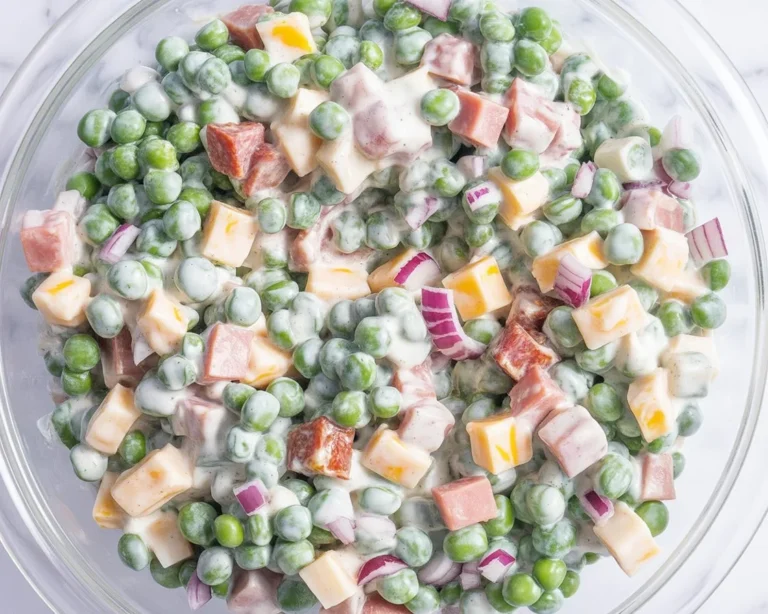Classic Pea Salad with bacon, cheddar, and creamy dressing served in a bowl.