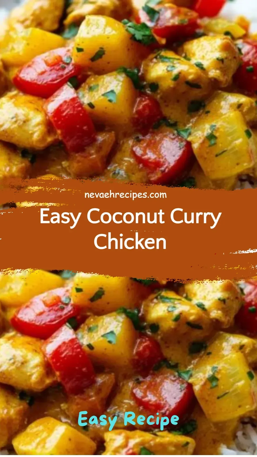 Bowl of easy coconut curry chicken garnished with fresh herbs and served with rice.