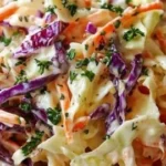 Bowl of easy creamy coleslaw with dressing and fresh vegetables