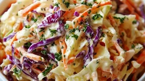 Bowl of easy creamy coleslaw with dressing and fresh vegetables