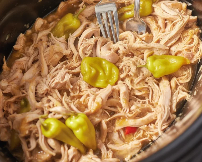 Delicious Crockpot Mississippi Chicken with ranch seasoning, gravy, and peppers.