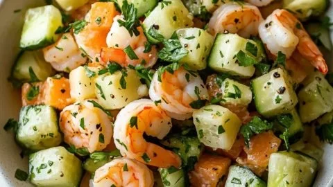 Fresh cucumber shrimp salad recipe with vibrant vegetables and herbs