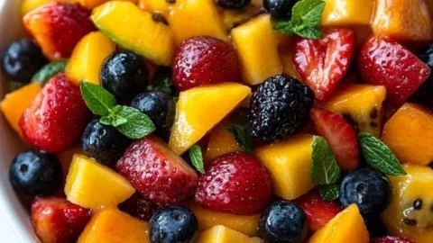 Colorful and fresh easy fruit salad bowl with assorted fruits