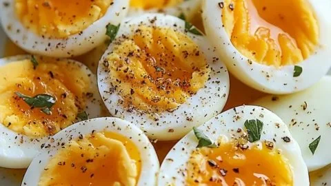 Perfectly boiled eggs, both hard and soft, served on a plate.