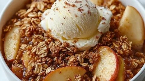 Delicious homemade apple crisp with a crunchy topping of oats and spices.