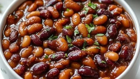 Delicious plate of easy oven-baked beans served in a rustic bowl