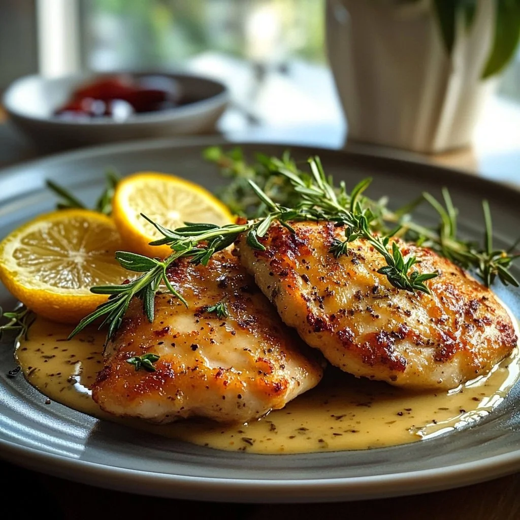 Plate of easy rosemary chicken garnished with fresh herbs