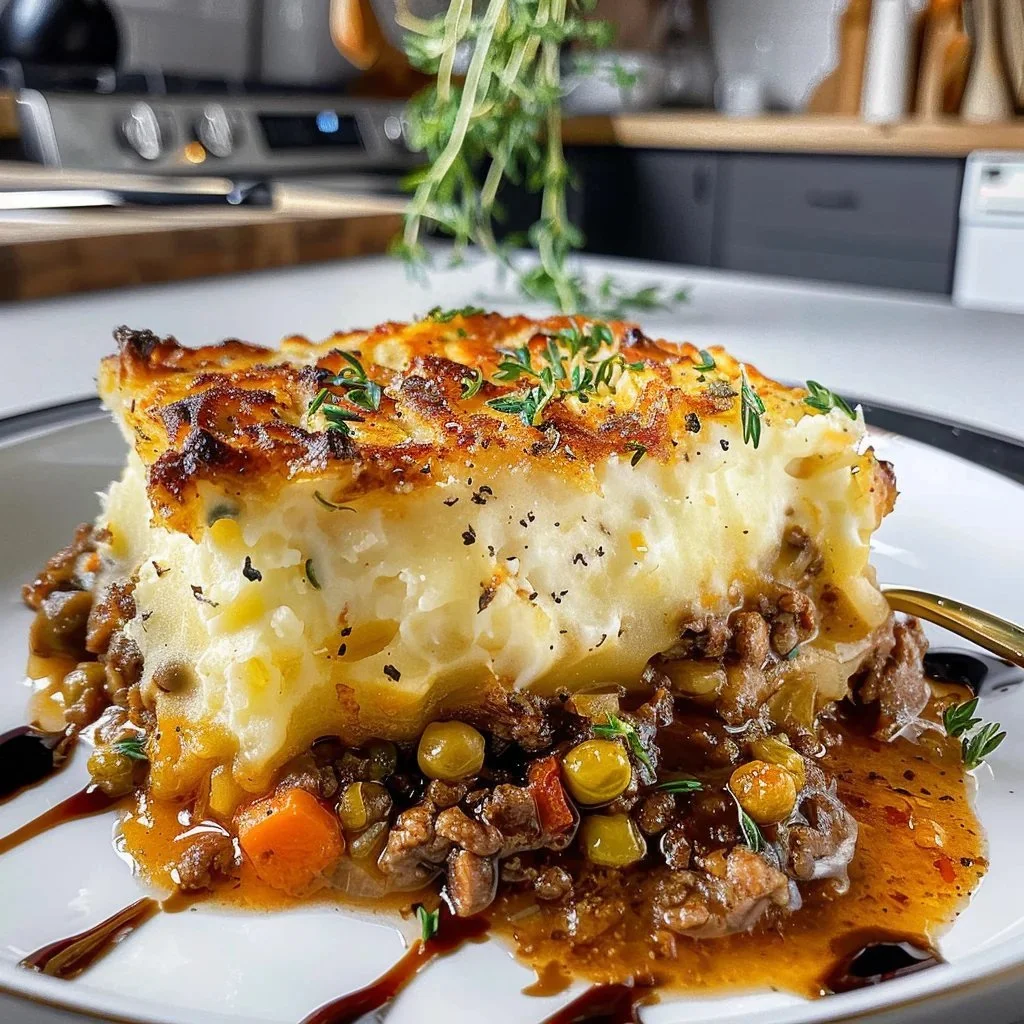 Delicious homemade easy Shepherd's Pie in a ceramic dish