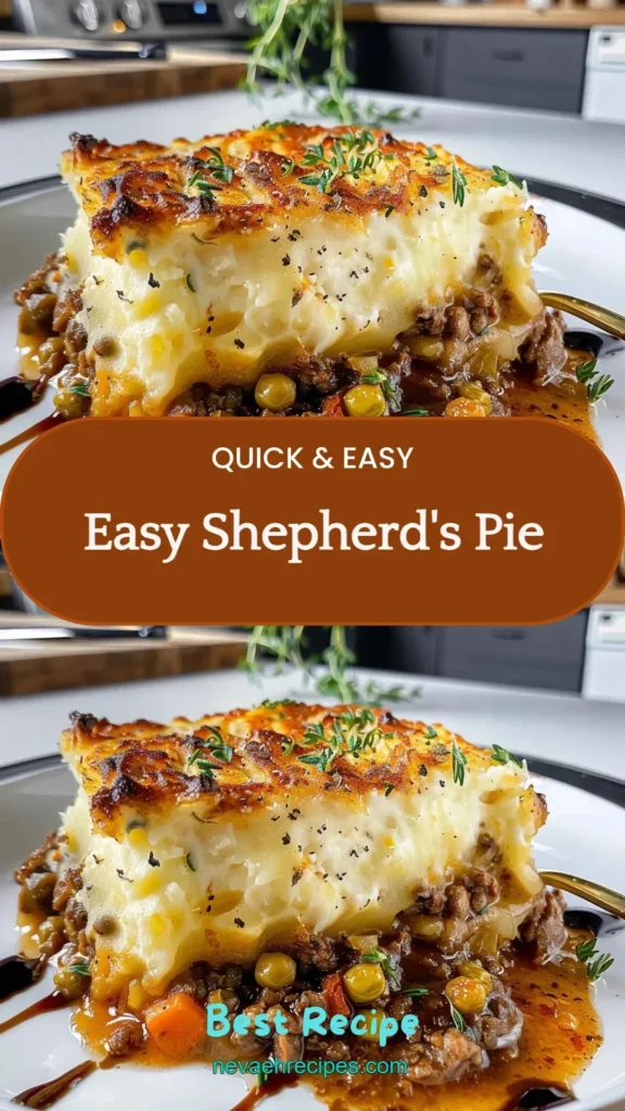 Delicious and easy shepherd's pie served in a dish, topped with golden mashed potatoes.