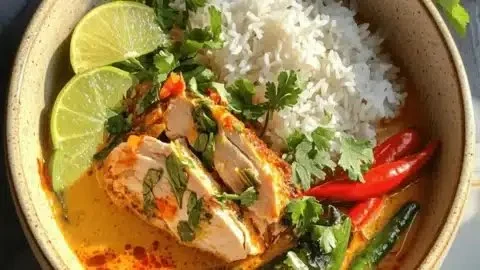 Bowl of delicious homemade Thai red curry with vegetables and herbs