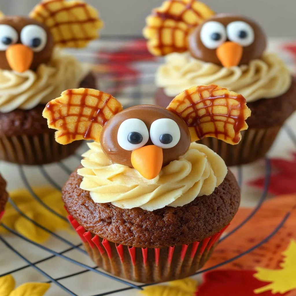 Easy turkey cupcakes decorated for Thanksgiving celebration