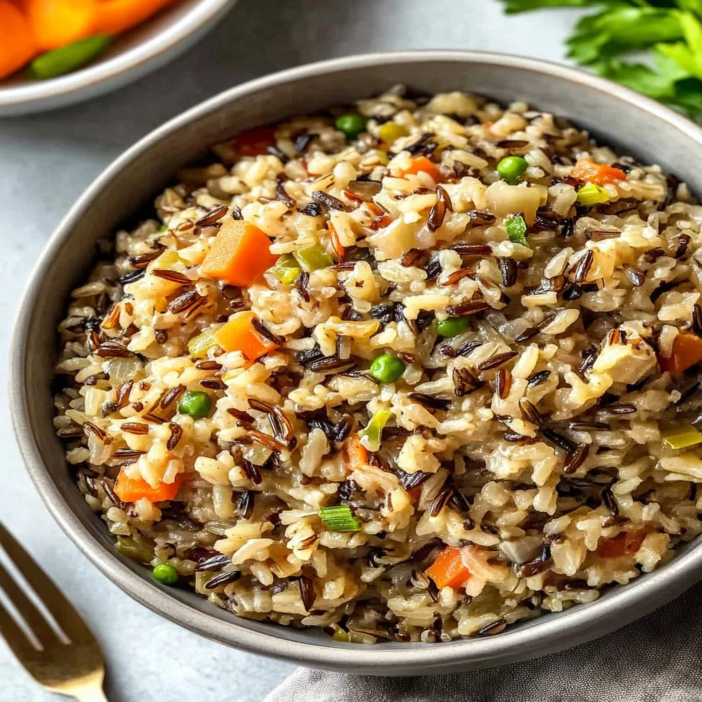 Delicious easy wild rice pilaf with vegetables and herbs in a serving bowl