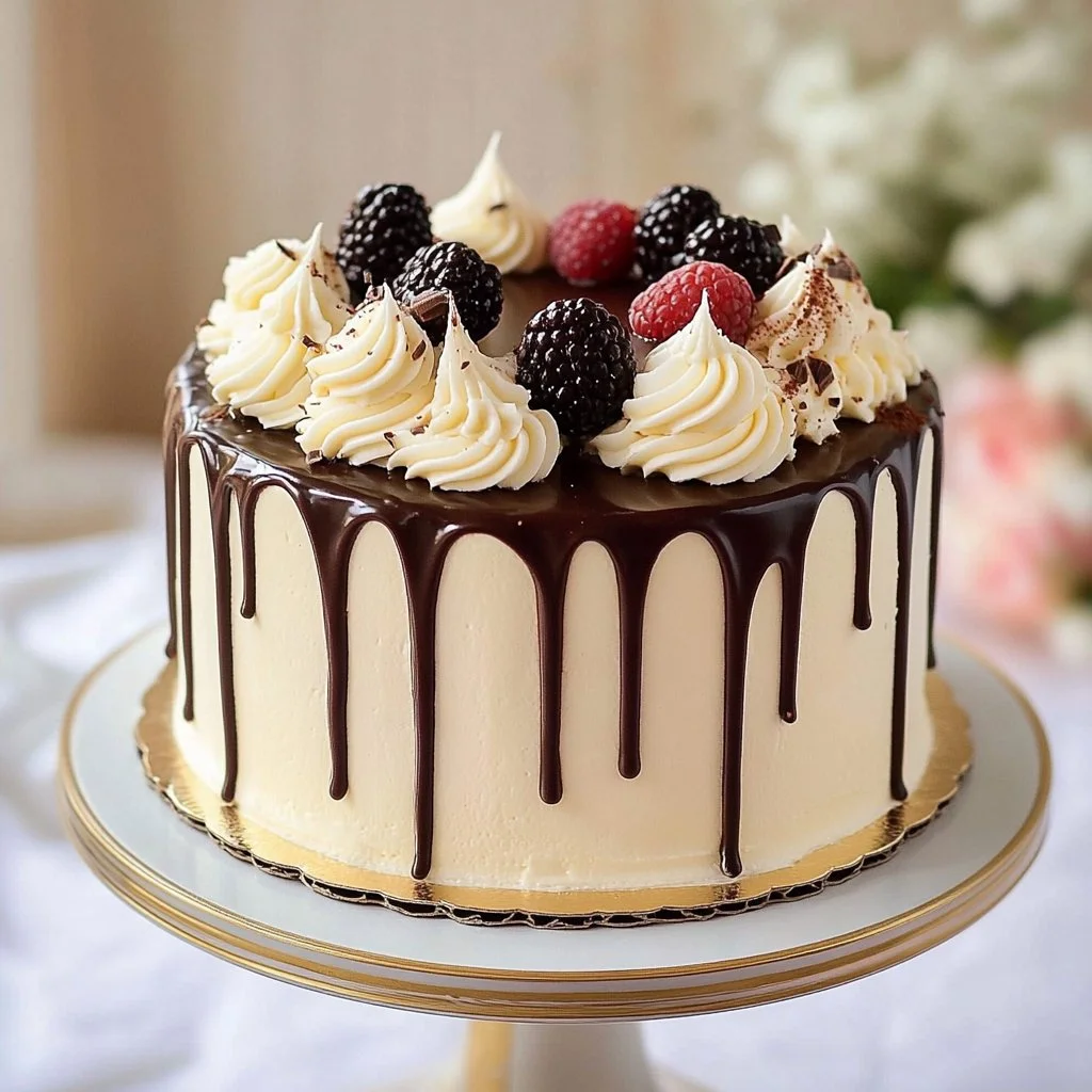 Elegant white chocolate drip cake with decorative frosting and chocolate drizzle