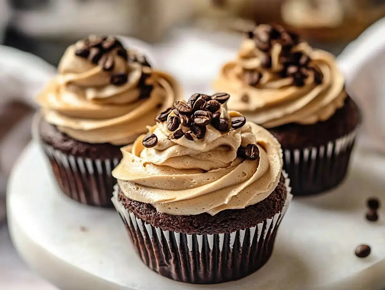Delicious espresso cupcakes with creamy espresso frosting on a white plate