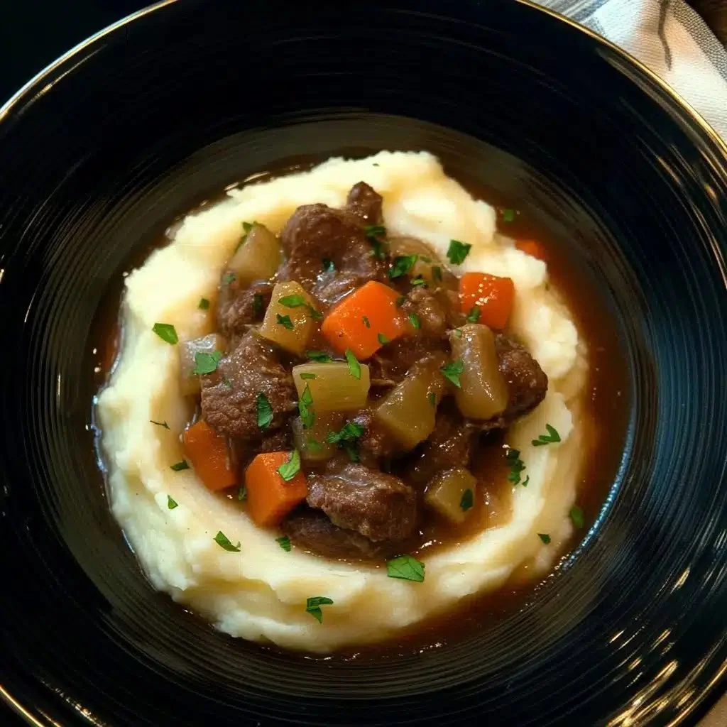 Fall apple cider beef stew served over creamy mashed potatoes, a cozy comfort dish.