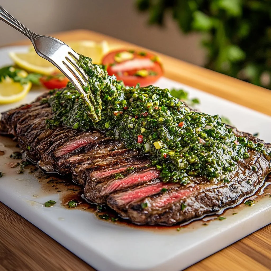 Flank steak topped with fresh chimichurri sauce on a rustic wooden board.