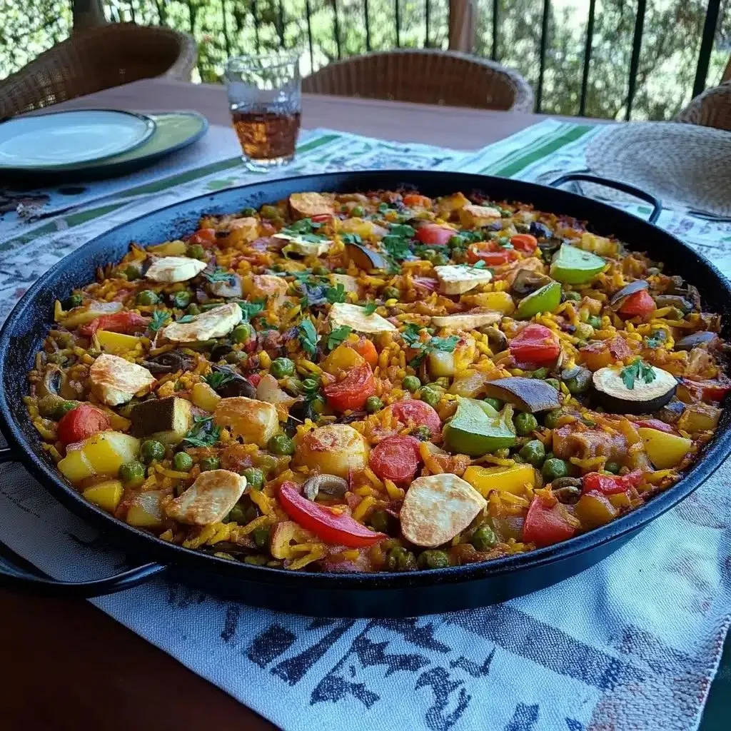 Flavor-packed vegan vegetable paella in a vibrant skillet