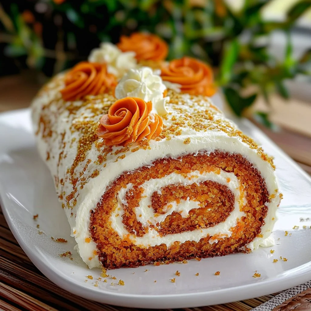Fluffy carrot roll cake with cream cheese frosting on a dessert plate