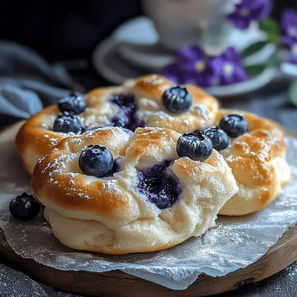 Fluffy cottage cheese blueberry cloud breads on a plate
