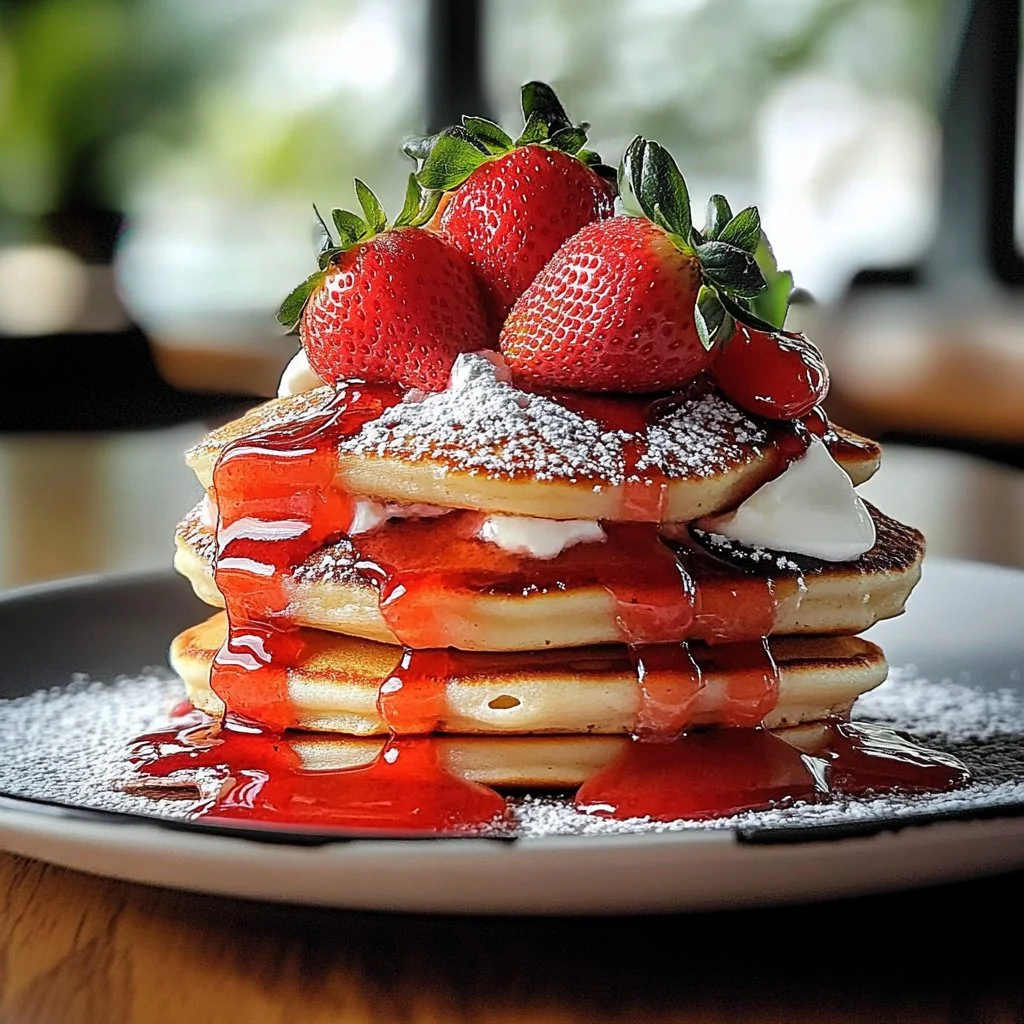 Fluffy double strawberry pancakes topped with fresh strawberries and syrup