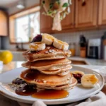 Fluffy oat flour pancakes topped with fresh berries and maple syrup