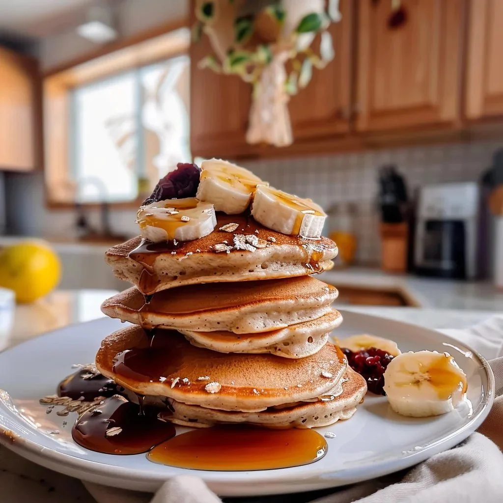 Fluffy oat flour pancakes topped with fresh berries and maple syrup