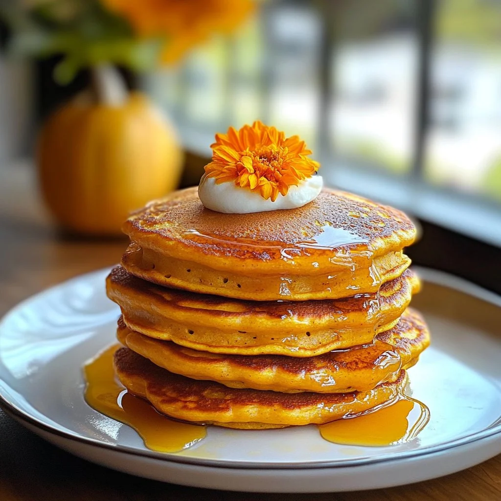 Fluffy pumpkin pancakes stacked on a plate with syrup and cinnamon