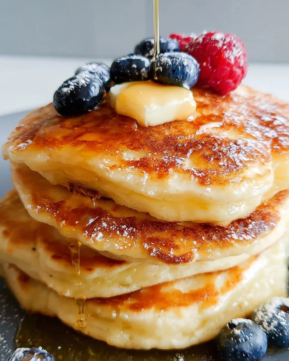 Fluffy sourdough discard pancakes stacked on a plate with syrup