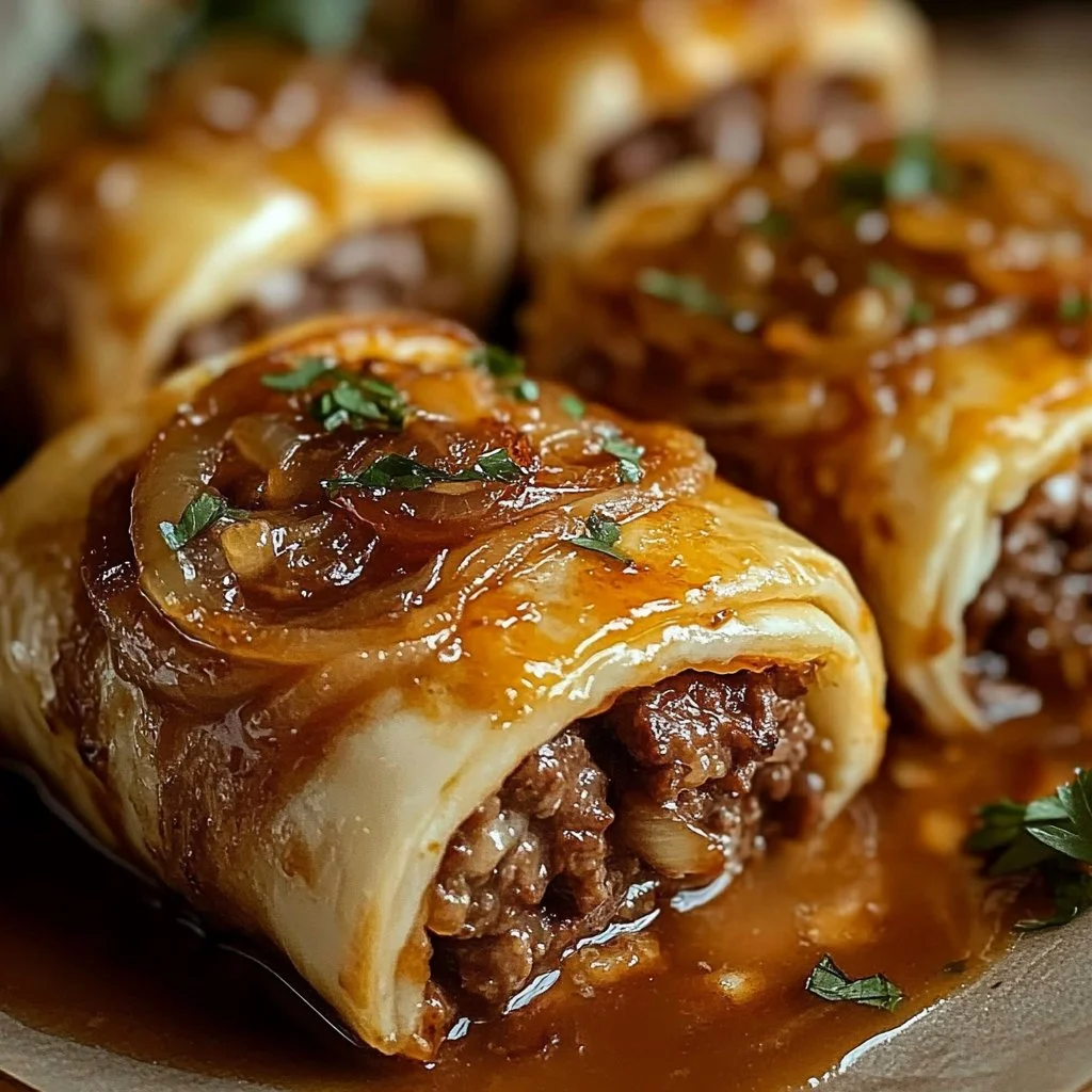 Delicious French Onion Beef Roll-Ups garnished with herbs on a wooden platter.