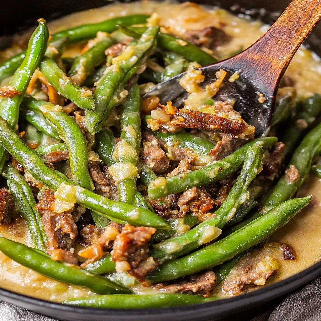 Fresh Southern green beans with beef served on a plate