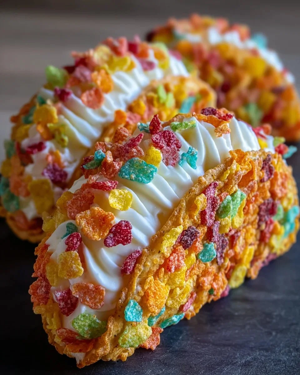 Fruity Pebbles cheesecake tacos served in colorful taco shells with toppings.