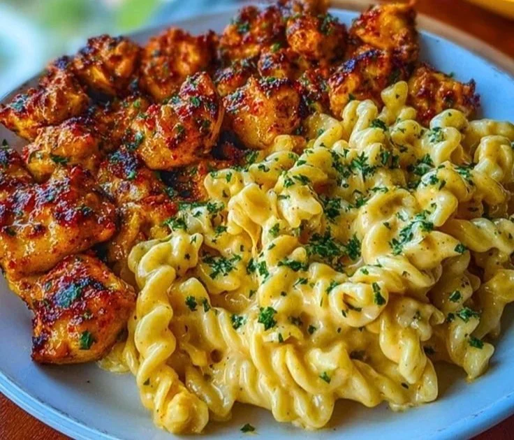 Garlic Butter Chicken bites served with Spicy Cajun Alfredo Twisted Pasta